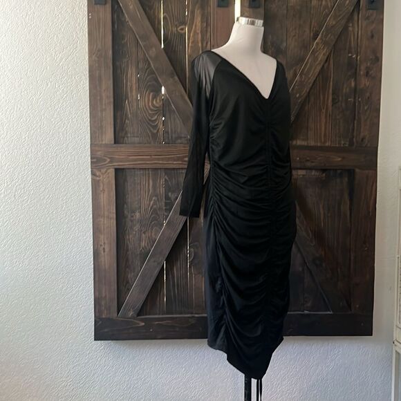 Sexy Mesh Bodycon Off Shoulder Long Sleeve Ruched Drawstring Knee Length Dress - Picture 5 of 14